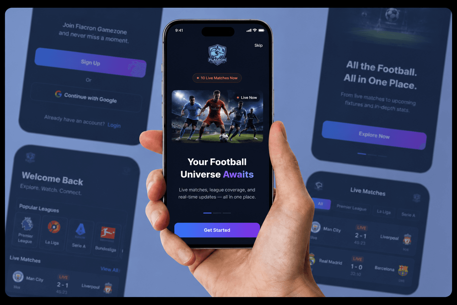 Flacron Gamezone live football platform built with Next.js, Express.js, PostgreSQL, Redis